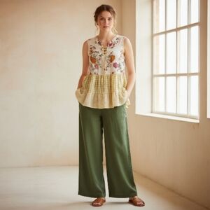 Patchwork Floral Gingham Lace Up Top - Cottagecore Boho Festival - Mystree - L